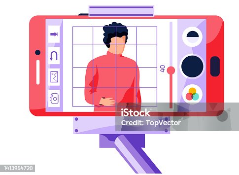 istock Video player on smartphone screen in selfie stick. Male character is recording a video message 1413954720