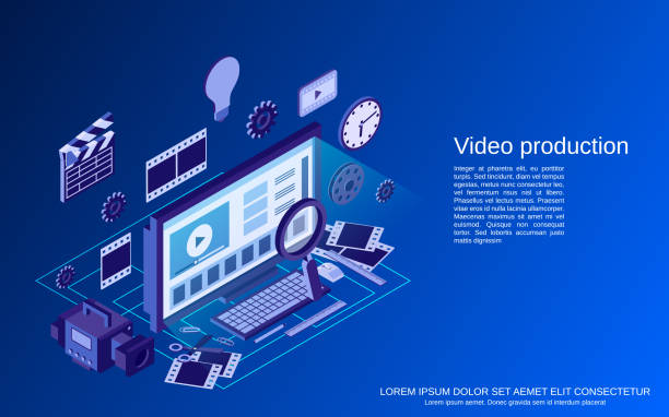 ilustraciones, imágenes clip art, dibujos animados e iconos de stock de concepto de vector de producción de vídeo - video editing