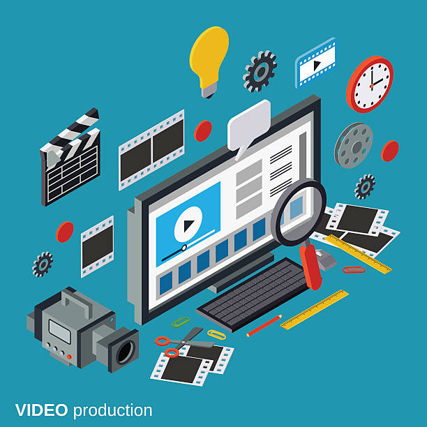 ilustraciones, imágenes clip art, dibujos animados e iconos de stock de vector de concepto de producción de vídeo - video editing