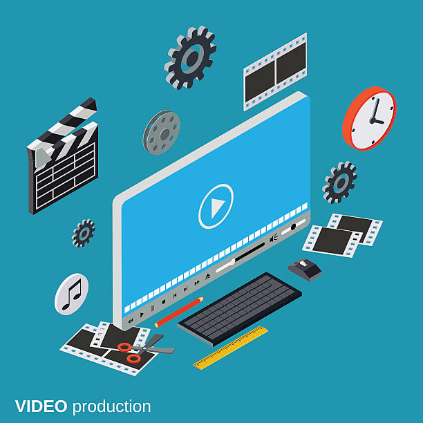 ilustraciones, imágenes clip art, dibujos animados e iconos de stock de vector de concepto de producción de vídeo - video editing