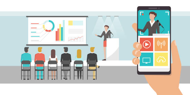 Video shooting and streaming app User shooting a video of a business presentation with his smartphone and sharing a live streaming educational event, technology and communication concept live streaming illustrations stock illustrations
