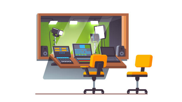 ilustrações de stock, clip art, desenhos animados e ícones de video & sound engineer modern workplace. television studio with stage lighting equipment behind glass window and mixing console. tv show production & broadcasting. flat style isolated vector - tv studio