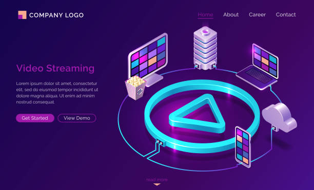 Video streaming internet film service landing page Video streaming isometric landing page, digital gadgets connected via cloud storage system around of play button on neon glowing background. Internet movie service 3d vector illustration, web banner live streaming illustrations stock illustrations