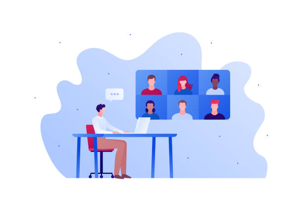 Video teleconference for home education or friend party concept. Vector flat person illustration. Group of people avatar on screen. Male sitting on desk with laptop. Speech bubble. Design element.  business meeting stock illustrations