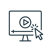 istock Video Tutorials Line Icon. Video Player with Mouse Pointer Linear Icon. E-learning and Online Education concept. Distant Education and Online Webinar pictogram. Editable stroke. Vector illustration. 1319428315