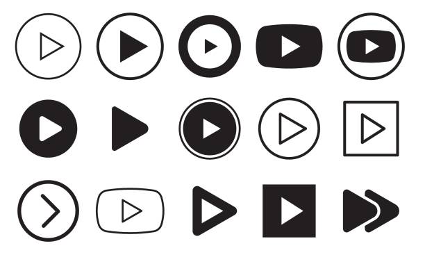 Video Play icon set. Black and outline play video buttons. movie symbols stock illustrations