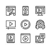 Video vector line icons. Streaming service, online cinema, mobile app, watching video on website, podcasting concepts. Simple outline symbols, modern linear graphic elements collection. Premium quality. Vector thin line icons set