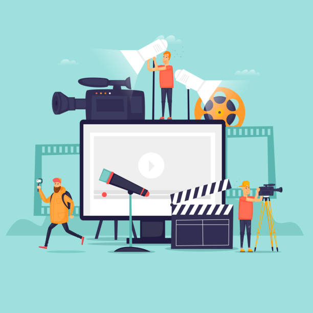 Videography, shooting film in studio. Flat design vector illustration. Videography, shooting film in studio. Flat design vector illustration. arts culture and entertainment illustrations stock illustrations