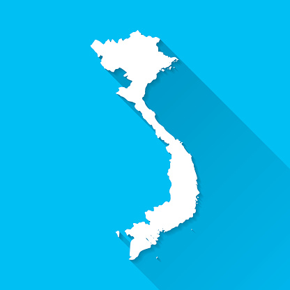Vietnam Map on Blue Background, Long Shadow, Flat Design