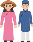 Vietnamese couple standing together Concept, Women in silk tunic with pants worn Man in ao dai with tet vector color icon design, World Indigenous Peoples symbol, characters in casual clothes Sign