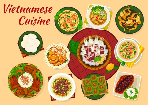 Vietnamese cuisine, Asian dishes of veggies, meat