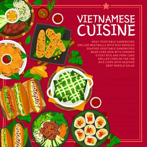 vietnamesische küche speisekarte deckblatt design - tisch holzteller gedeckt stock-grafiken, -clipart, -cartoons und -symbole