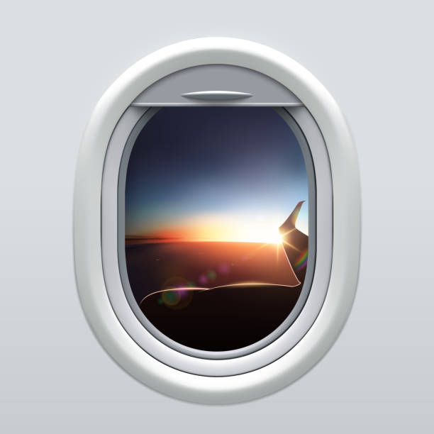 View from Airplane Window to the Sky and Wing. View from Airplane Window to the Sky and Wing. Dawn landscape. Time to travel. Realistic Aircraft Porthole. Panorama High above the Dark Earth. Wing of an Airplane Flying above the Clouds at Sunset window stock illustrations