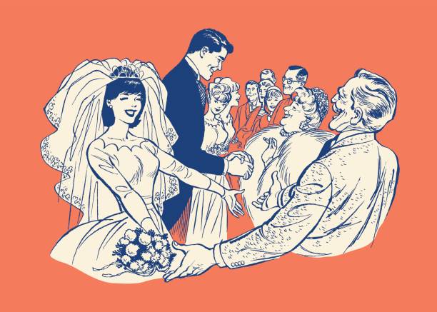 stockillustraties, clipart, cartoons en iconen met view of guests making wishes to newlyweds - trouwjurken