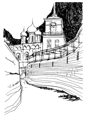 View of the ancient brick fortress walls and the Trinity Cathedral with the bell tower of the Kremlin in Pskov. Vector traced ink and pen sketch