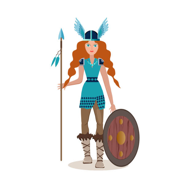Viking cartoon character. Valkyrie with spear and shield. Vector illustration. Flat style. Viking cartoon character. Valkyrie with spear and shield. Vector illustration. Flat style. armour of god stock illustrations