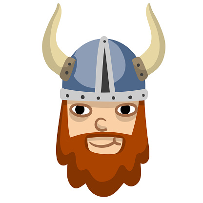 Viking. Cute face of a warrior. Funny children Scandinavian character. Soldier in horned helmet. Medieval bearded man. Flat cartoon illustration
