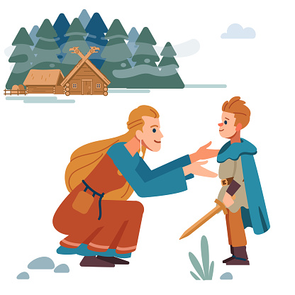 Viking family. Medieval viking family. Mother and son. Mother takes care of child. Vector Isolated on white background. Flat style.