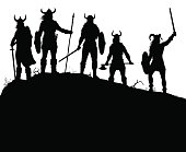 Editable vector silhouettes of a viking raiding party on a windswept outcrop with all figures and weapons as separate objects