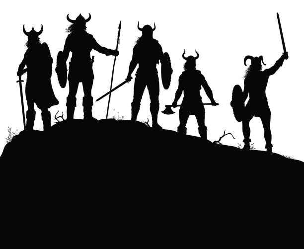 Viking raiders silhouette Editable vector silhouettes of a viking raiding party on a windswept outcrop with all figures and weapons as separate objects warriors stock illustrations