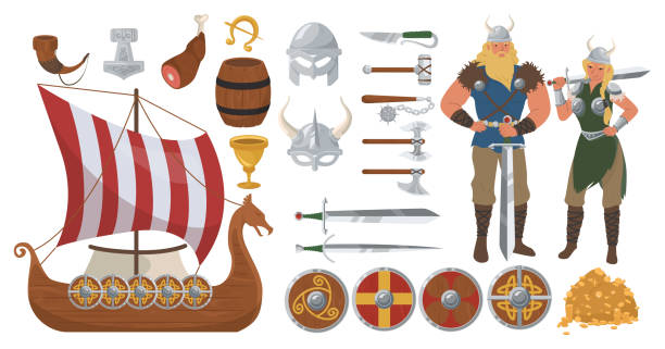 Viking set, flat vector isolated illustration. Scandinavian warrior costume, weapons, drakkar ship. Viking set, flat vector isolated illustration. Viking male and female cartoon characters, weapons, drakkar ship. Scandinavian warrior costume and equipment. thor hammer stock illustrations