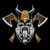 Viking skull illustration on black background in vector