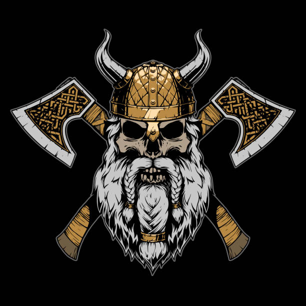 Viking skull illustration on black background Viking skull illustration on black background in vector skull logo stock illustrations