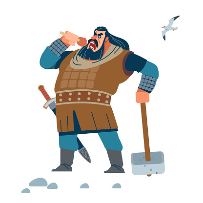 Viking. Warrior. Strong Viking eat meat. Isolated vector illustration of a flat style.