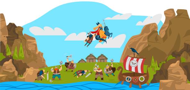 Vikings and scandinavian warriors, gods, landscape funny cartoon Vikings and scandinavian warriors, gods, landscape funny cartoon vector illustration from Scandinavia history, furious warrior and ancient god Thor. Vikings ship, men in helmet with hammers, swords. thor hammer stock illustrations