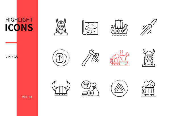 Vikings - modern line design style icons set vector art illustration