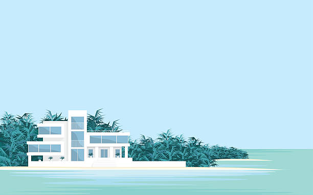 Villa on the beach Abstract image of a large, beautiful country house . Luxury Villa on the seafront, surrounded by palm trees. Vector background. airbnb stock illustrations