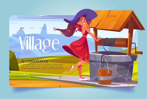 Village banner with beautiful girl and old well
