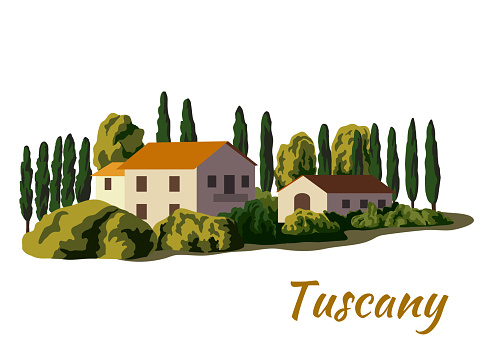 village houses and farmland. color illustration on a white