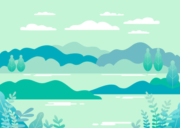 Village landscape in trendy flat and linear style vector illustration. Mountains and hills, lake, flowers and trees, abstract background with copy space for header images for websites, banners, covers Village landscape in trendy flat and linear style vector illustration. Mountains and hills, lake, flowers and trees, abstract background with copy space for header images for websites, banners, covers landscape scenery clipart stock illustrations