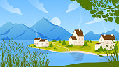 istock Village on river, mountain summer nature landscape, beautiful rural countryside scenery 1335451903