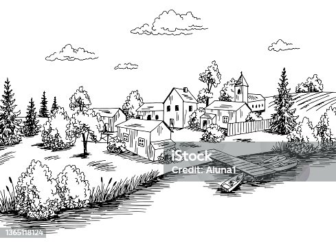 istock Village river graphic black white rural landscape sketch illustration vector 1365118124