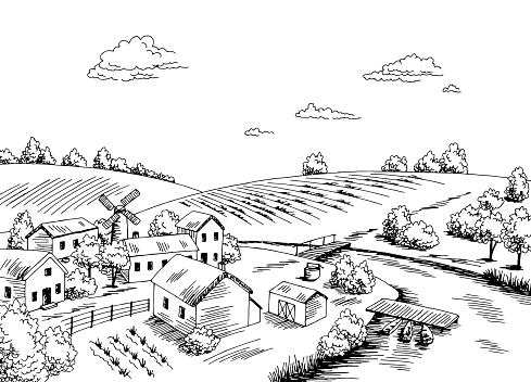 Village river graphic black white rural landscape sketch illustration vector