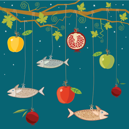 Vine With Hanging Fruit And Fish, Rosh HaShanah Illustration