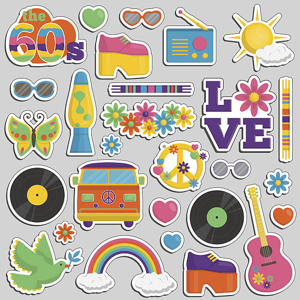 Vintage 1960s hippie style patch sticker set Collection of vintage retro 1960s hippie style sticker patches that symbolize the 60s decade fashion accessories, style attributes, leisure items and innovations. bird clipart stock illustrations