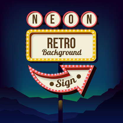 Neon sign with lights. Retro billboard in the city at night. Clean place with a 3D frame. Volumetric vintage frame. Roadside sign. Road red sign from the 50s. Shield against night mountain. Vector 