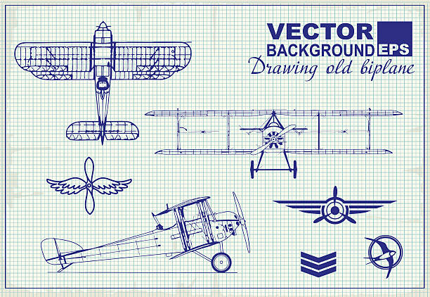 Vintage airplanes drawing on graph paper and design elements Vintage airplanes drawing on graph paper and design elements , badges and logo patches on the theme aviation drawing of fighter planes stock illustrations