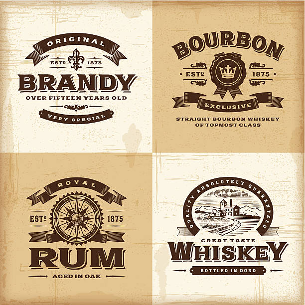 Vintage alcohol labels set A set of fully editable vintage alcohol labels in woodcut style. EPS10 vector illustration. Includes high resolution JPG. rum stock illustrations