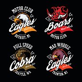 Vintage American furious eagle, boar and cobra bikers club tee print vector design set. 