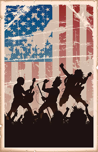 Vintage American Rock Poster A vintage style rock poster with a grungy American flag, two guitar players, a singer and a crazy crowd! metal silhouettes stock illustrations