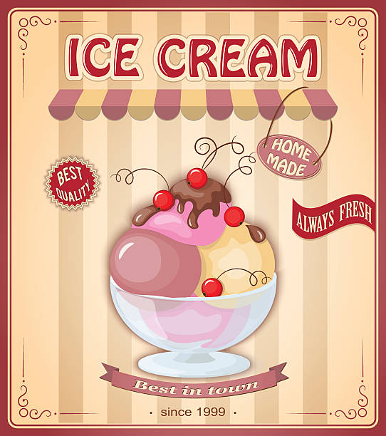 vintage banner with scoop ice cream Vector illustration banner with home made current ice cream in the glass bowl and chokolate sauce on the vintage background. Image for cafeteria, restaurant, menu, shop, ice cream parlor. Text always fresh, bect quality, best in town. eps10 bowl of ice cream stock illustrations