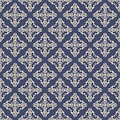 Vintage baroque ornament, damask floral seamless pattern, vector illustration. Beige oriental tracery on navy blue background, retro antique rococo romantic decoration for fabric design, wallpaper