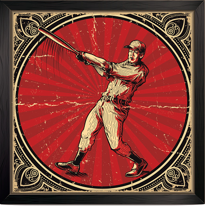 Vintage baseball batter card with red and gold elements