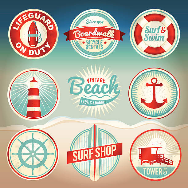 Vintage Beach Labels and Badges Vintage set of beach labels and badges. EPS 10 with gradient mesh. Gradient mesh is only used in "distressing" the labels and can be easily removed (layered separately in the file) to support earlier versions of EPS. File is organized, grouped, and layered for easy separation of designs. boardwalk stock illustrations