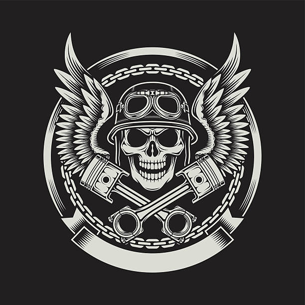 vintage biker skull with wings and pistons emblem - 印有圖像t恤 插圖 幅插畫檔、美工圖案、卡通及圖標