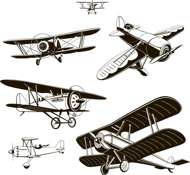 vintage biplanes set vector black old, logo, emblem, label vintage biplanes set vector monogram logo aircraft retro drawing of fighter planes stock illustrations